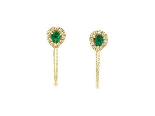 Natural Emerald and Natural Diamonds Pear Halo Stud Earrings – 18K Yellow Gold